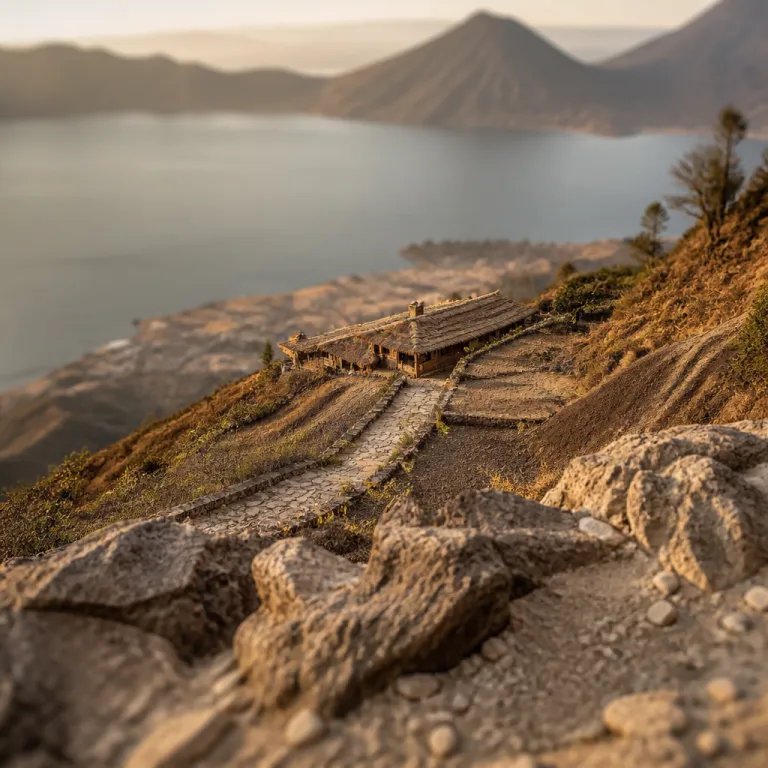 San Pedro volcano at dawn: the climb, the village lodge and the lake below