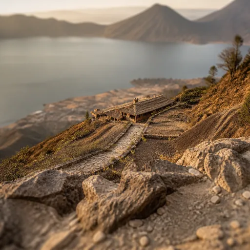 San Pedro volcano at dawn: the climb, the village lodge and the lake below